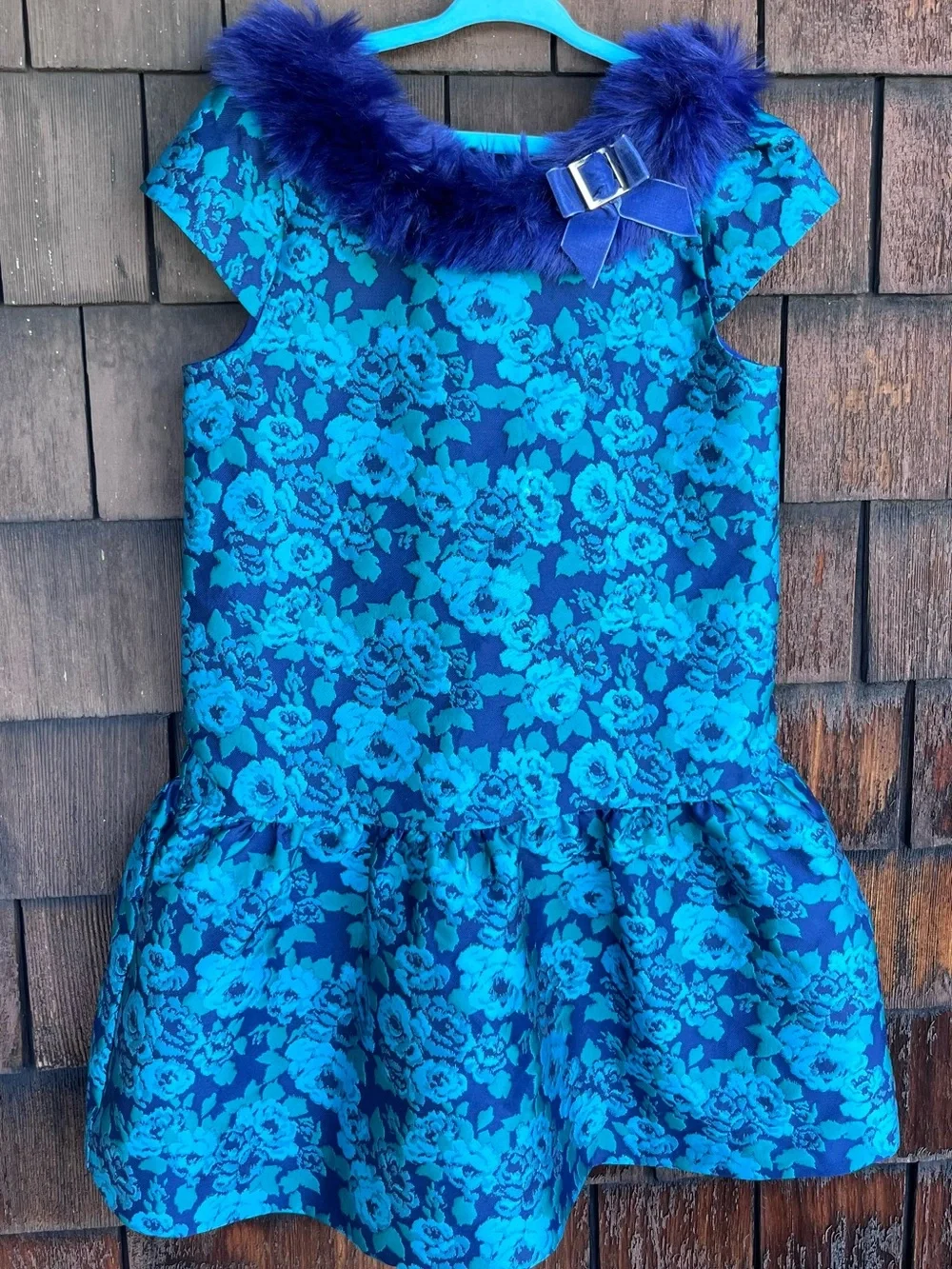 Janie and Jack sz 8 blue brocade girls winter dress ~ fur collar and bow